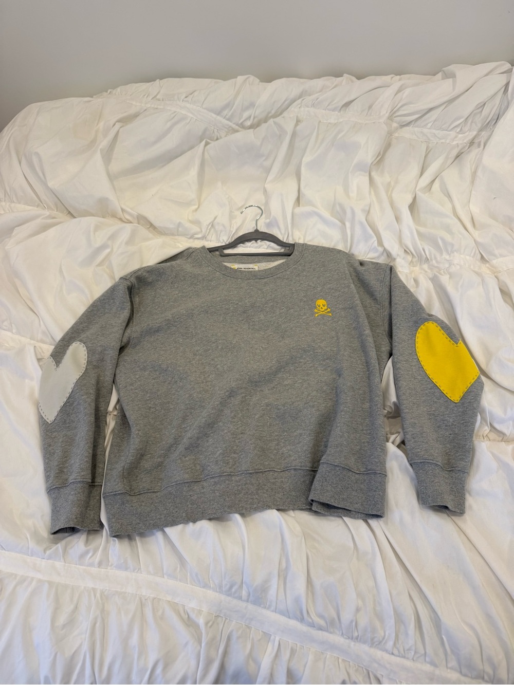 Kerri Rosenthal Gray Crewneck Sweater with Yellow Heart Elbow Patch